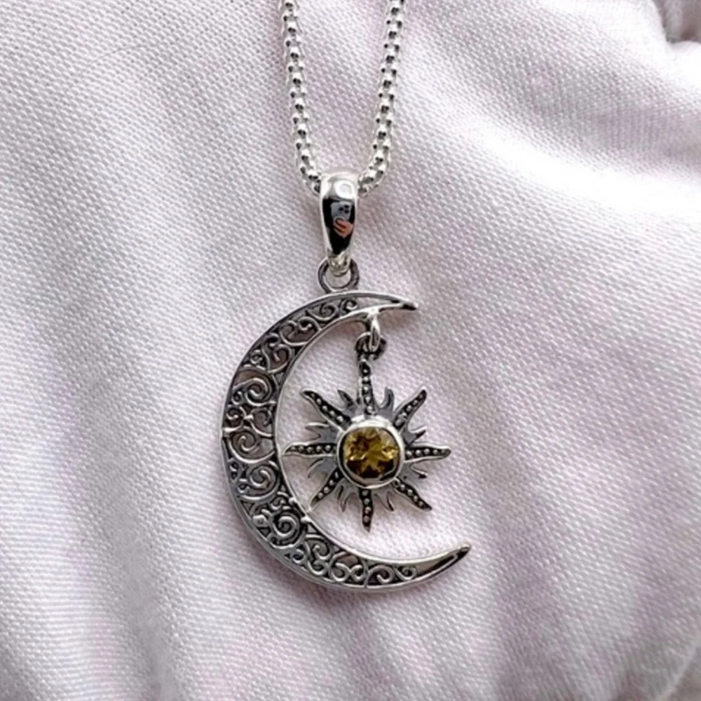 Genuine Citrine .925 Sterling Silver Moon Necklace - Picture 3 of 17